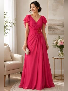 Women’s V-Neck Ruffle Sleeve Cocktail Dress in Fuchsia